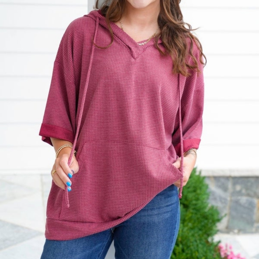 NWT S/M Andree by Unit Textured 3/4 Sleeve Hoodie Top with Front Pocket GREEN - Picture 7 of 7